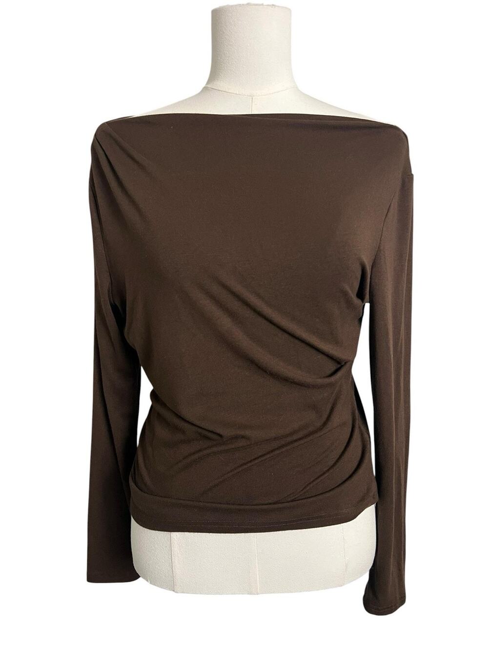 12th Tribe Shirt Womens XL Brown Boat Neck Ruched Jersey Top Stretch Long Sleeve